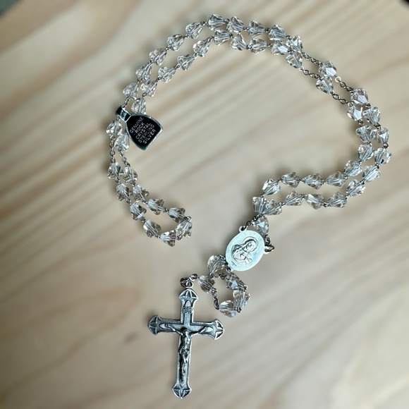 VTG Necklace 28" Rosary Sacred Heart Cross Quartz Rock Crystal Sterling‎ 48.2g - Picture 1 of 12